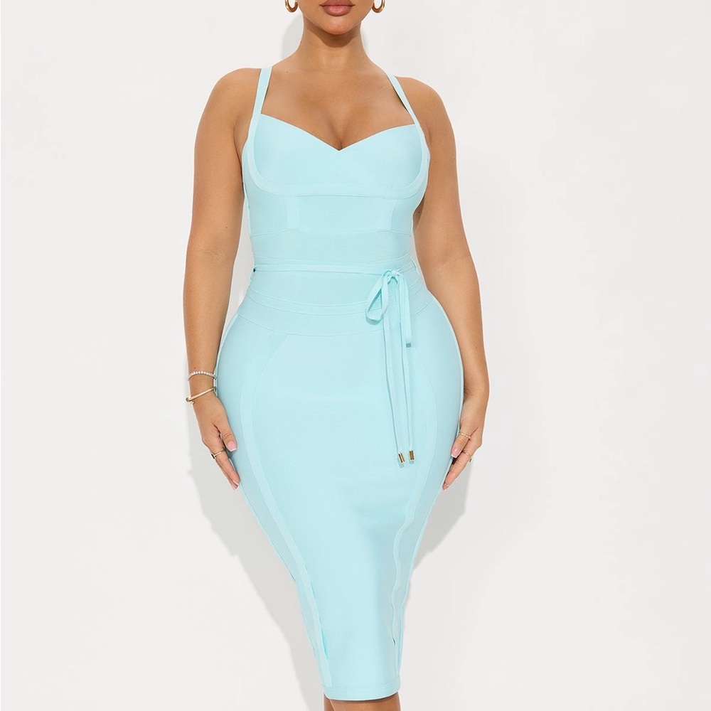 Aqua Bodycon Midi Dress with Waist Tie